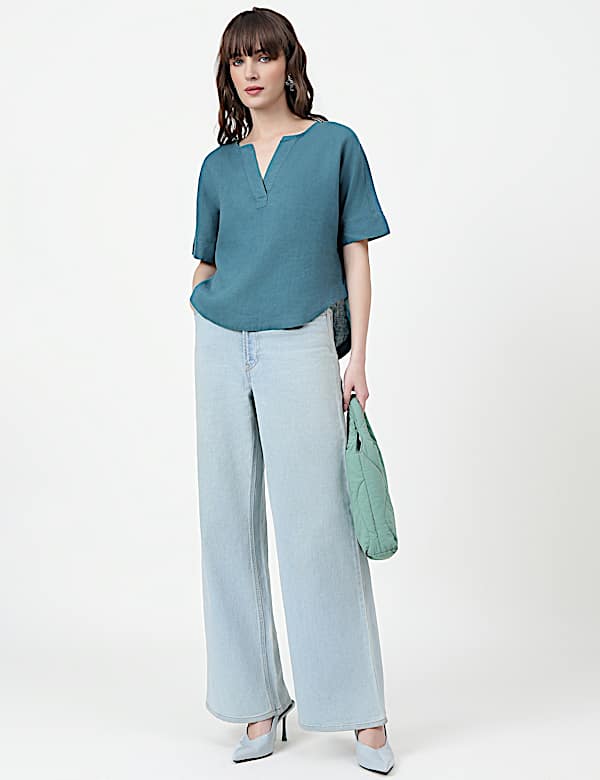 Pure Linen Plain V-Neck Top