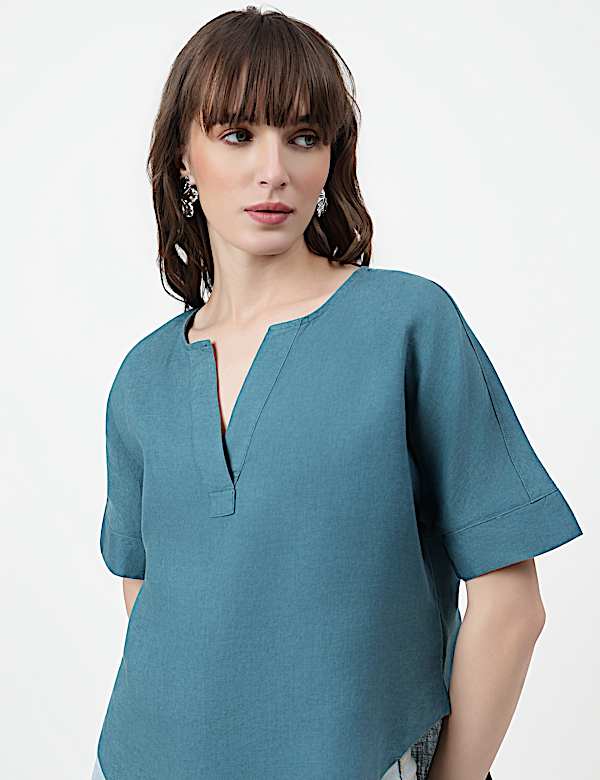 Pure Linen Plain V-Neck Top