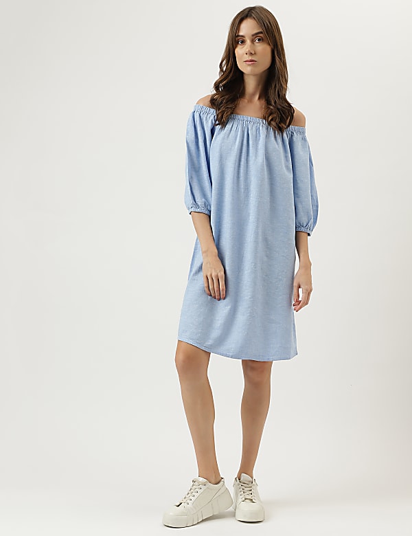 Linen Mix Off-Shoulder A-Line Dress