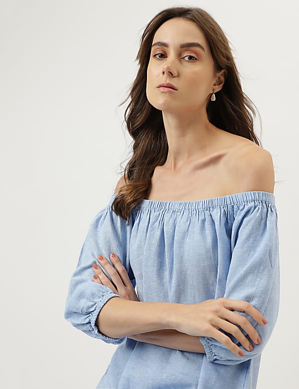 Linen Mix Off-Shoulder A-Line Dress