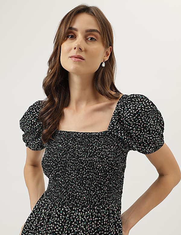 Printed Midi Square Neck Dress