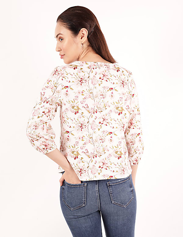 Linen Mix Printed Square Neck Shirt