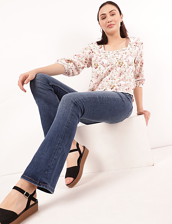 Linen Mix Printed Square Neck Shirt
