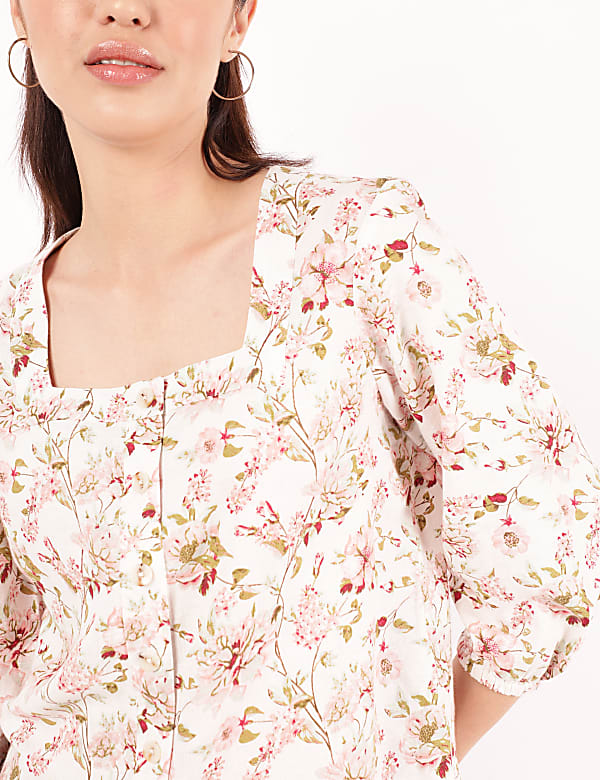 Linen Mix Printed Square Neck Shirt