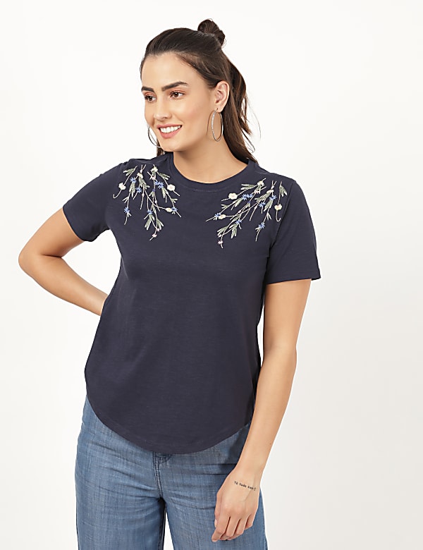 Pure Cotton Embroider Crew Neck T-Shirt - CH