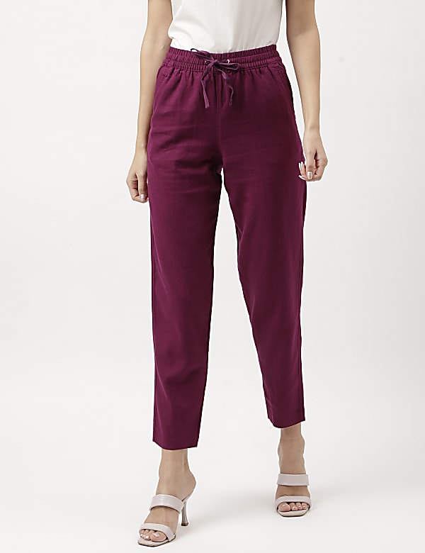 Linen Mix Plain Straight Leg Trousers