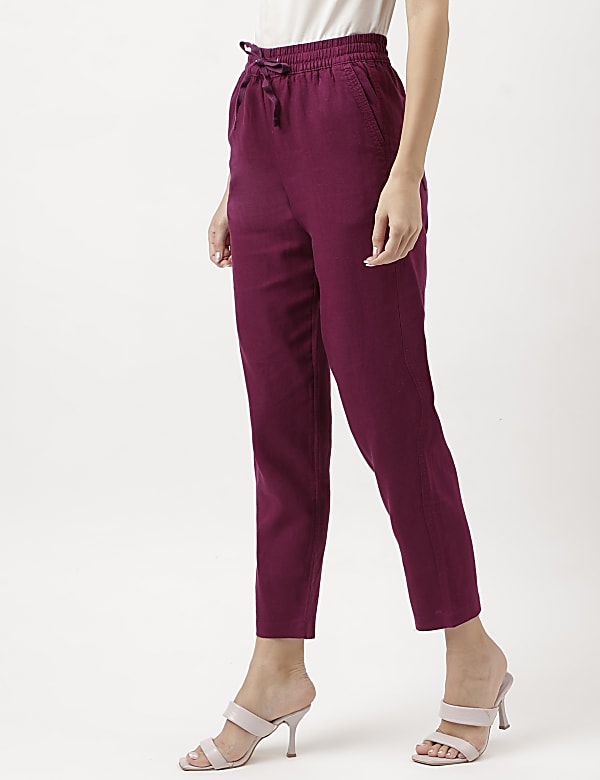 Linen Mix Plain Straight Leg Trousers