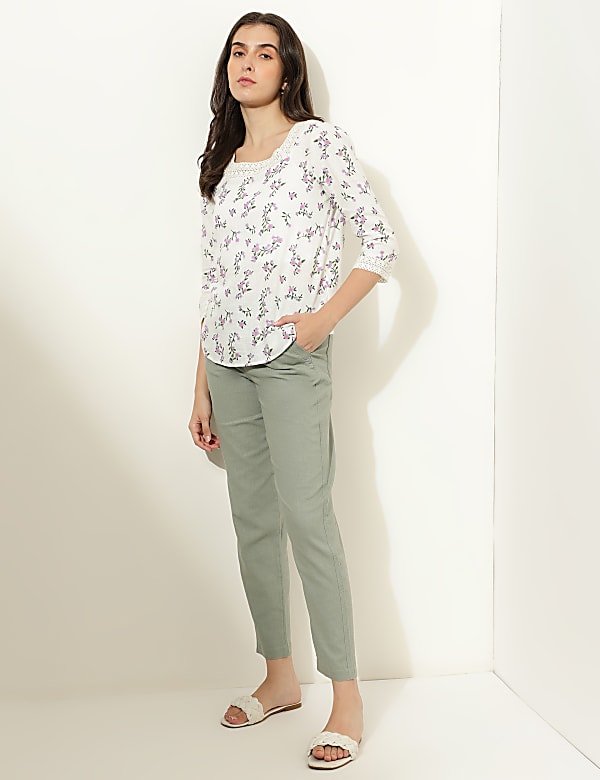 Linen Mix Plain Straight Leg Trousers