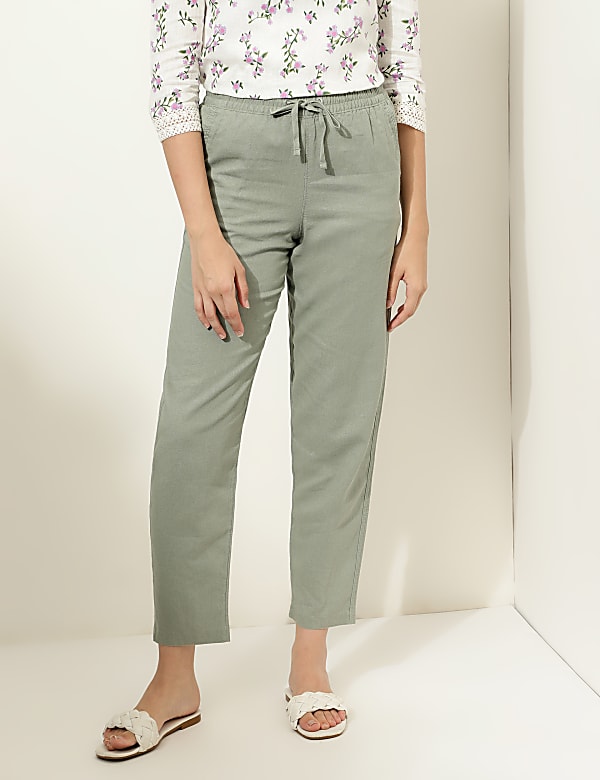 Linen Mix Plain Straight Leg Trousers