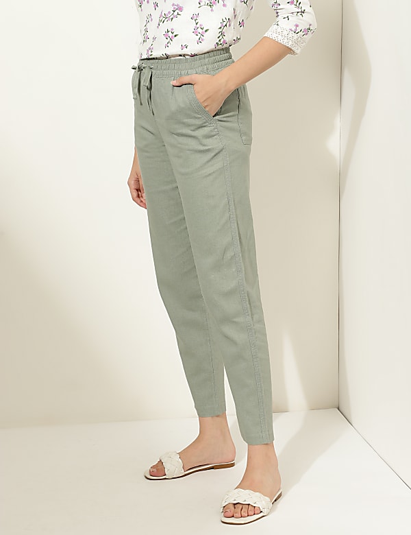 Linen Mix Plain Straight Leg Trousers
