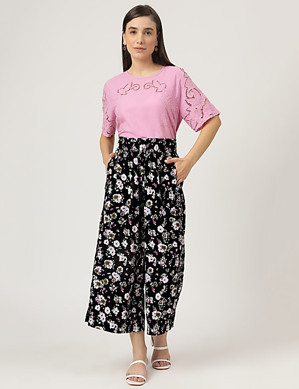 Linen Mix Floral Print Wide Leg Culottes