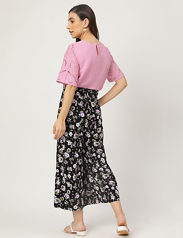 Linen Mix Floral Print Wide Leg Culottes