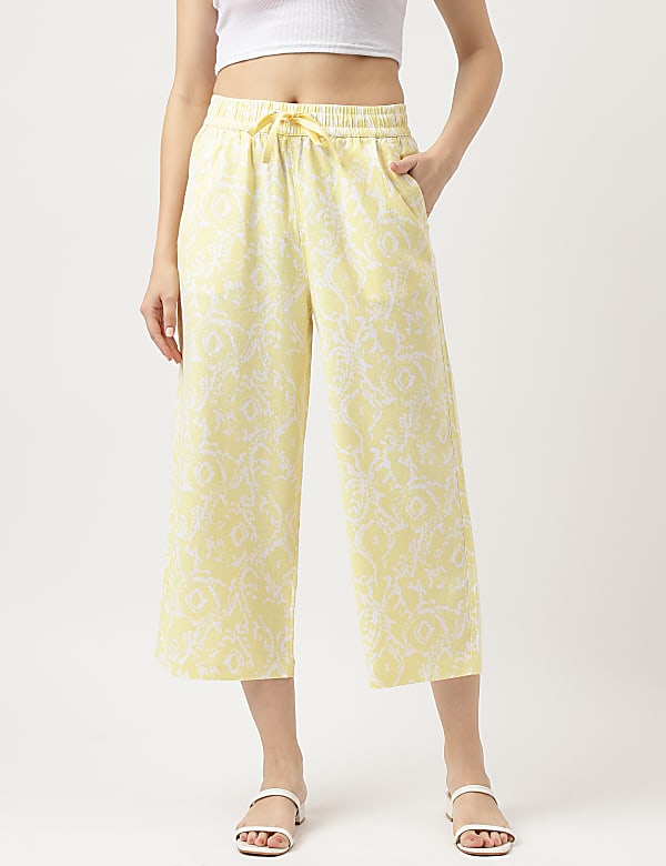 Linen Blend Printed Wide Cropped Pants
