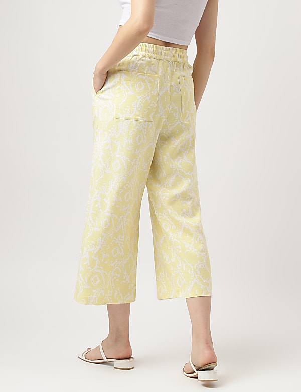 Linen Blend Printed Wide Cropped Pants