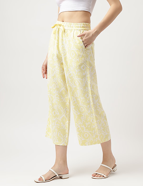 Linen Blend Printed Wide Cropped Pants