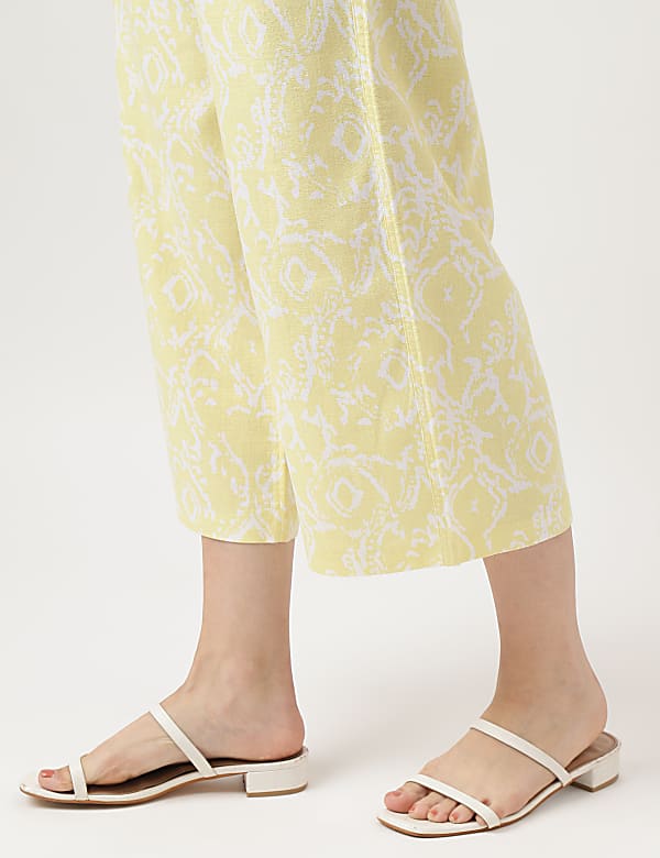 Linen Blend Printed Wide Cropped Pants