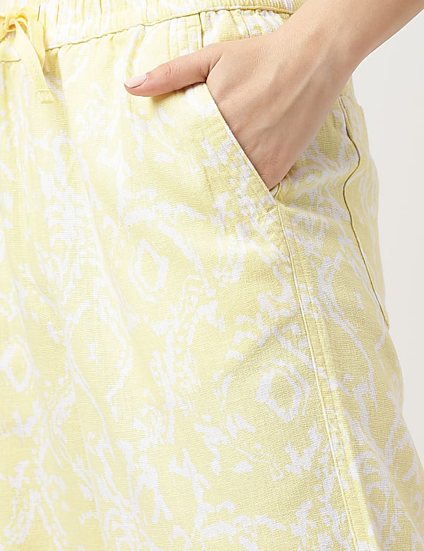 Linen Blend Printed Wide Cropped Pants