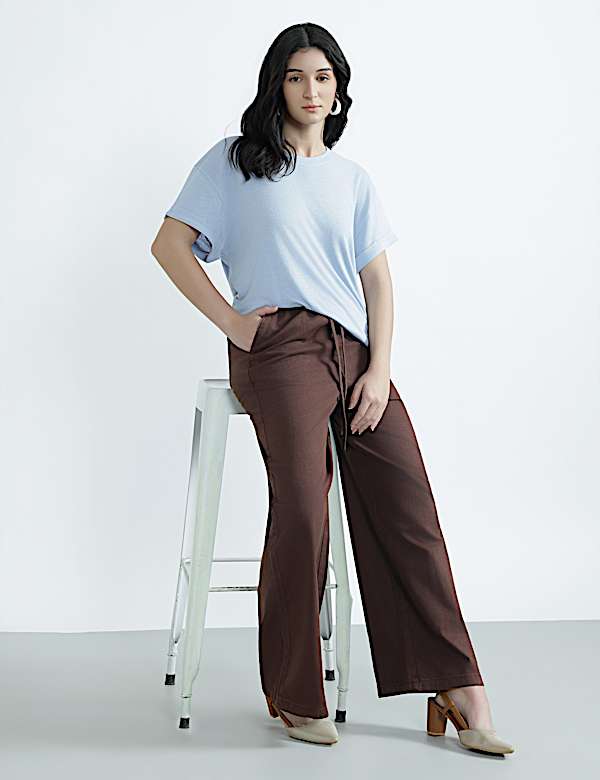 Cotton Rich Drawstring Wide Leg Trousers