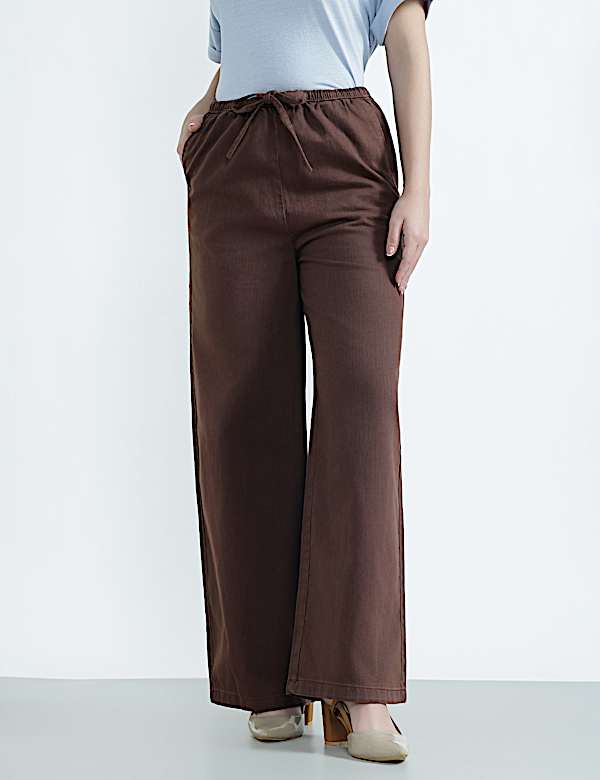 Cotton Rich Drawstring Wide Leg Trousers