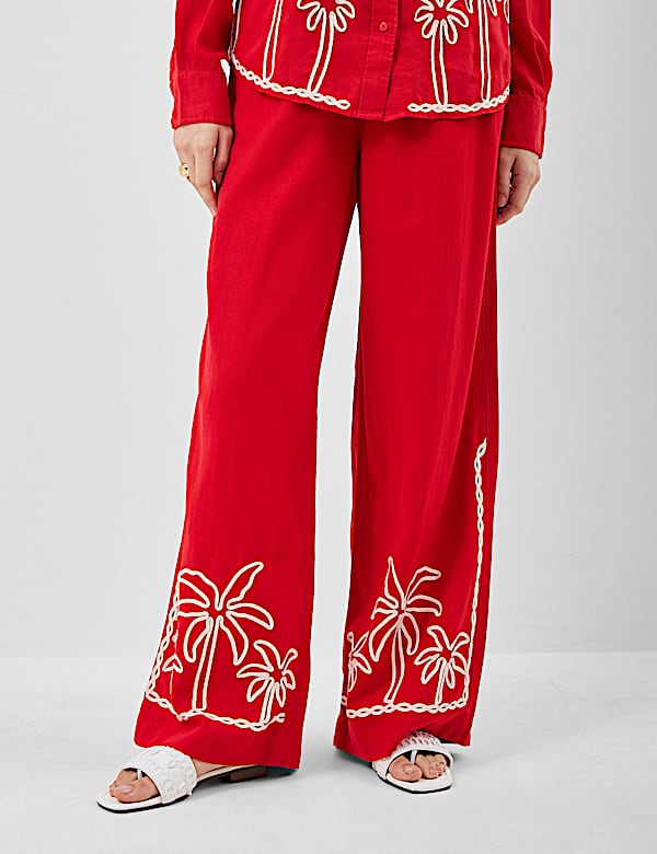 Linen Rich Embroidered Wide Leg Trousers