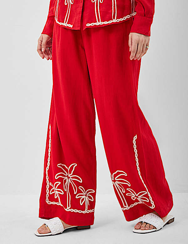 Linen Rich Embroidered Wide Leg Trousers