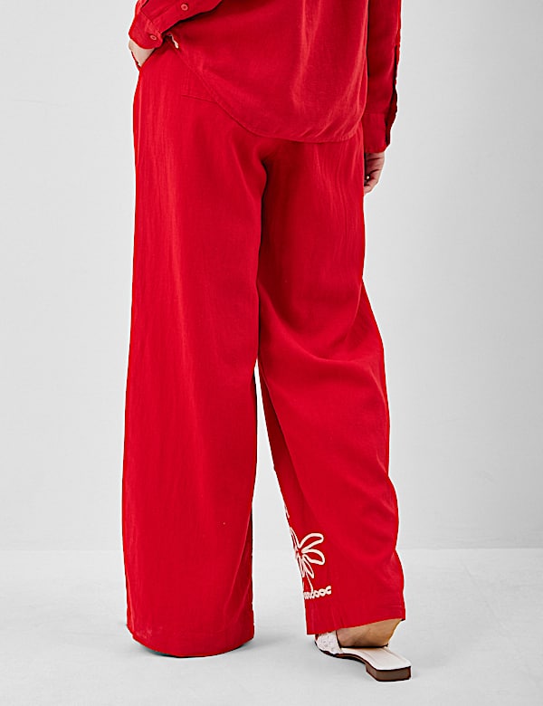 Linen Rich Embroidered Wide Leg Trousers
