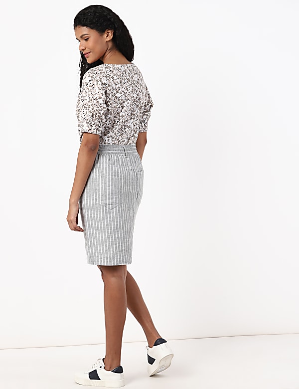 Stripe Knee Length Linen Viscose Skirt