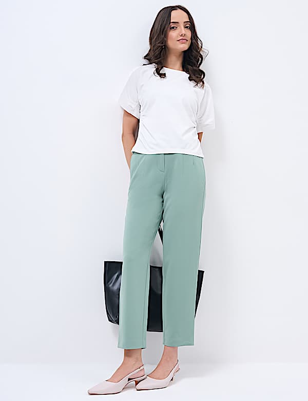 High Waisted Pleat Front Tapered Trousers