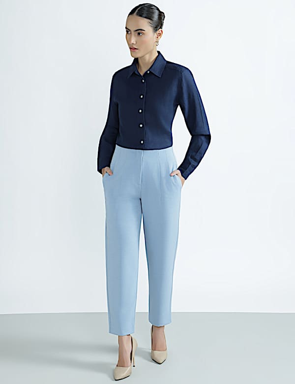High Waisted Pleat Front Tapered Trousers