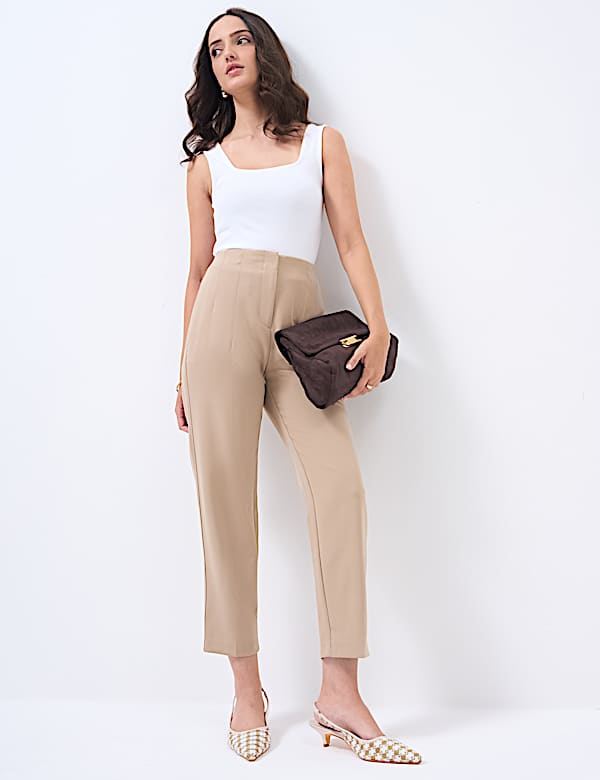 High Waisted Pleat Front Tapered Trousers