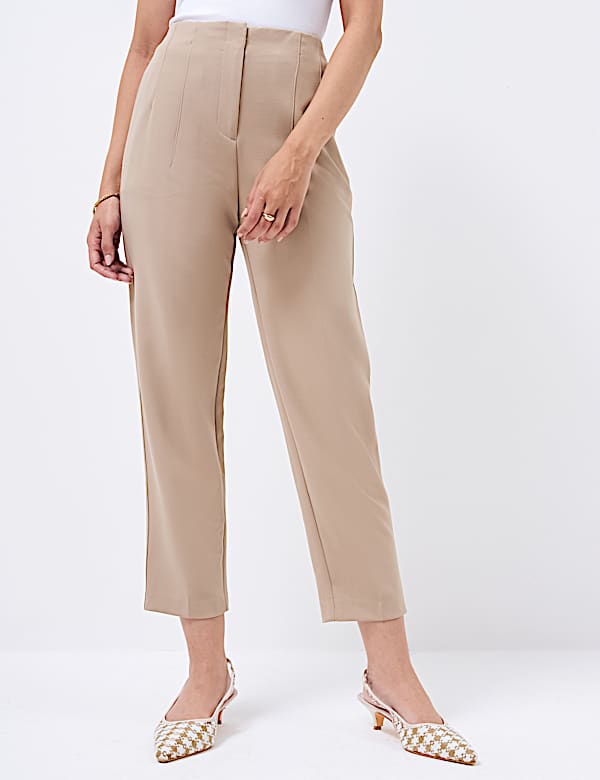 High Waisted Pleat Front Tapered Trousers