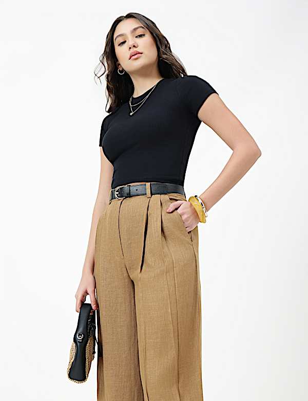Linen Rich Textured Regular Fit Trousers