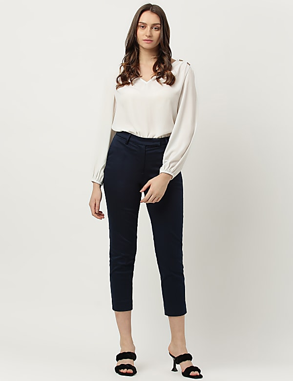 Cotton Rich Plain Straight Leg Trousers