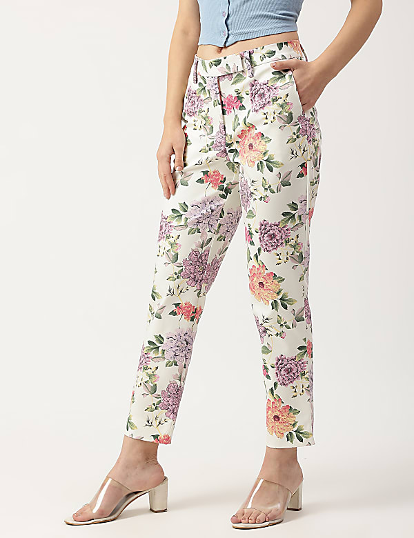 Cotton Mix Floral Print Slim Fit Trousers