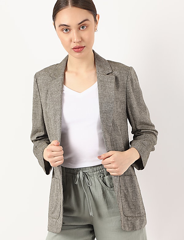 Flax Mix Self Design Lapel Collar Shrug
