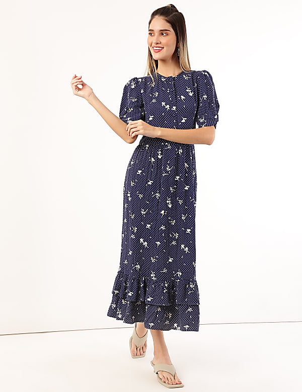 Pure Viscose Floral Round Neck Dress