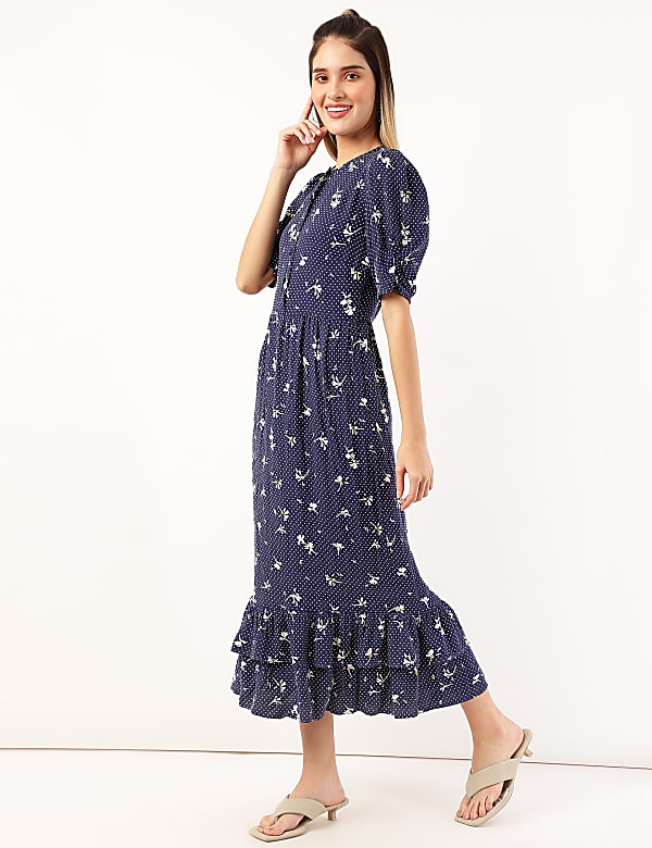 Pure Viscose Floral Round Neck Dress