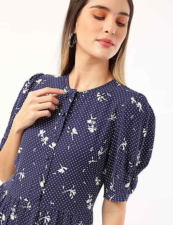 Pure Viscose Floral Round Neck Dress
