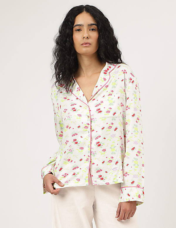 Floral Print Notched Lapel Sleepwear Top
