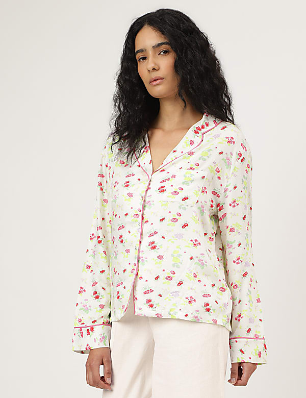 Floral Print Notched Lapel Sleepwear Top
