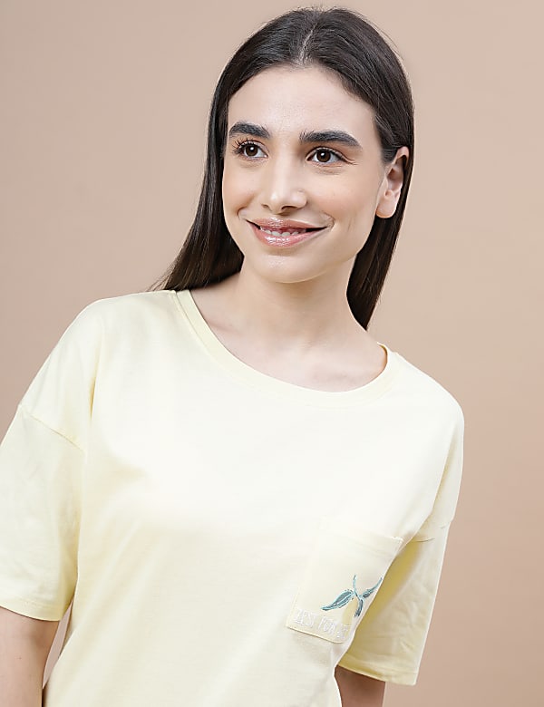 Pure Cotton Printed Crew Neck Pyjama Set