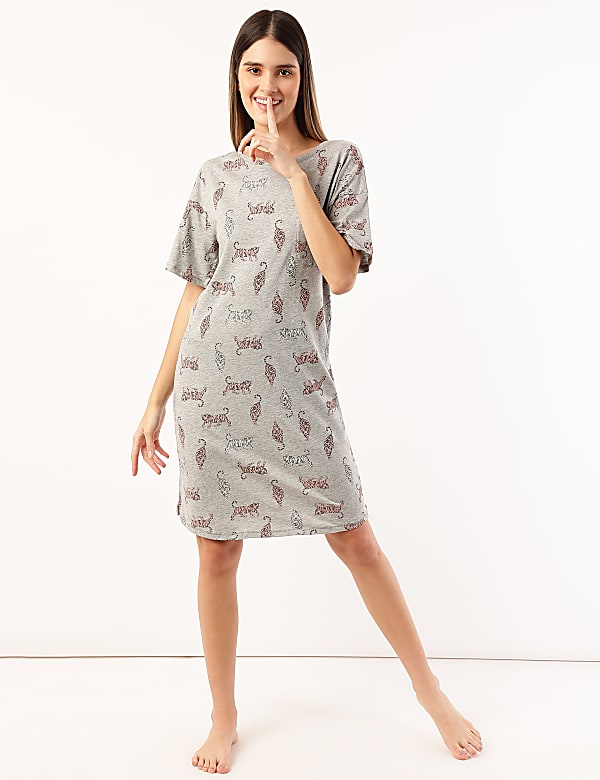 Cotton Mix Printed Round Neck Nightdress