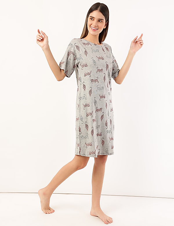 Cotton Mix Printed Round Neck Nightdress