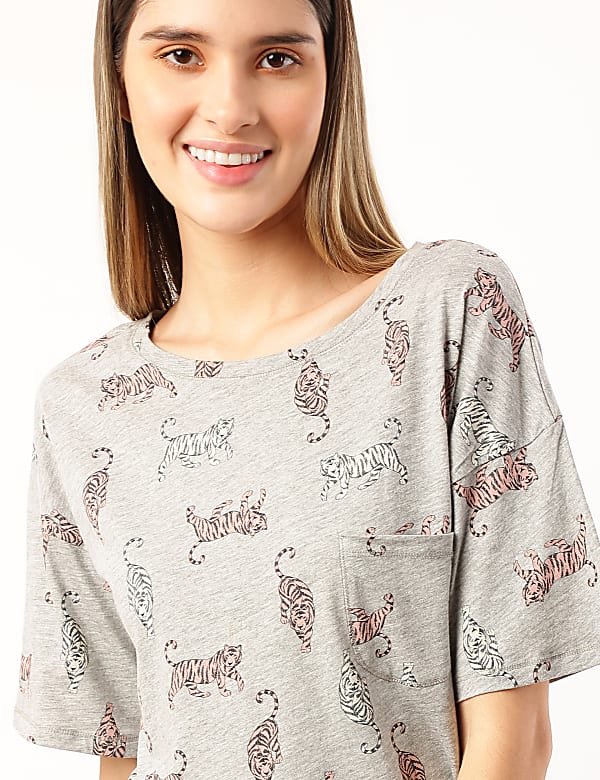 Cotton Mix Printed Round Neck Nightdress