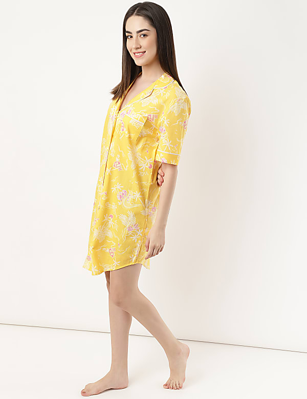 Pure Cotton Printed Lapel Neck Night Dress