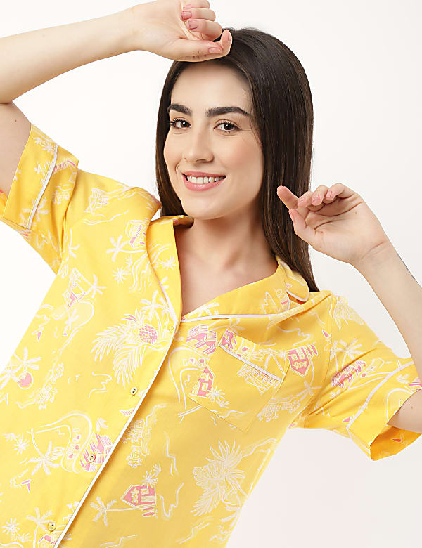Pure Cotton Printed Lapel Neck Night Dress