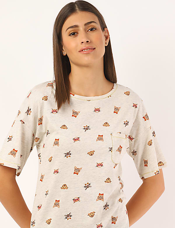 Cotton Mix Printed Round Neck Night Dress
