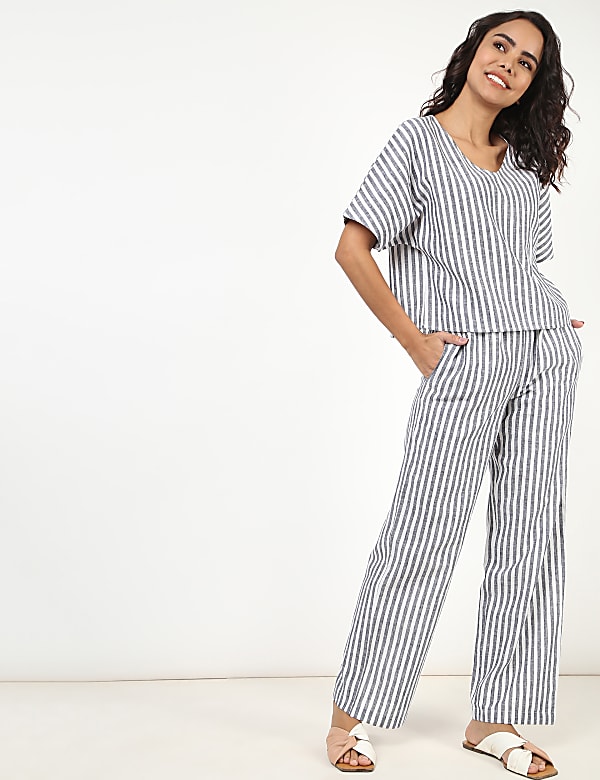 Flax Mix Striped V Neck Nightdress Set