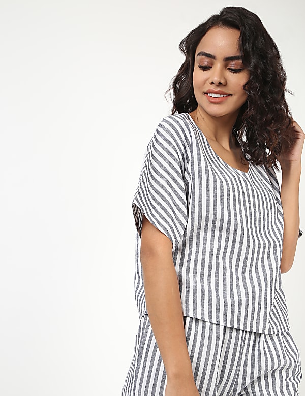 Flax Mix Striped V Neck Nightdress Set