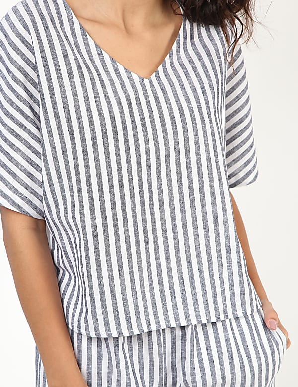 Flax Mix Striped V Neck Nightdress Set